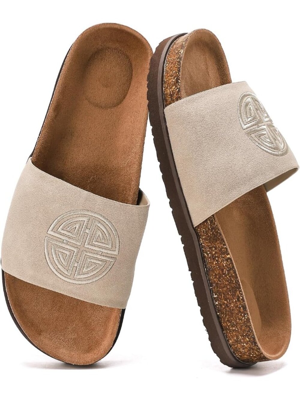 Women's Nude Suede Slide Sandals with Arch Support,Cork Comfortable Casual